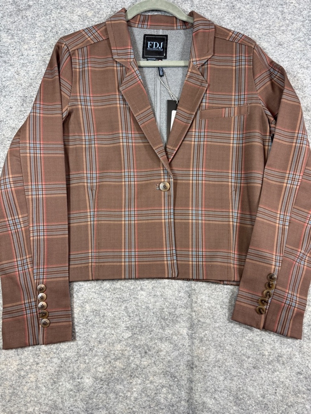 FDJ Brown Plaid Cropped Boxy Blazer Size 6 Tailored Preppy Chic Jacket Academia - Picture 6 of 13